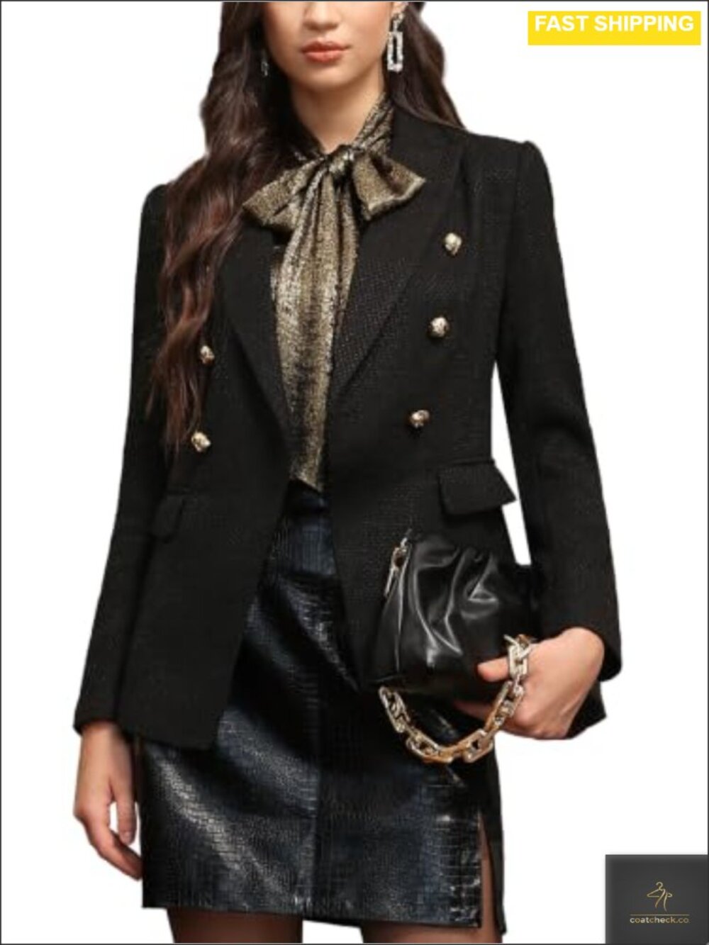 Womens Double Breasted Tweed Blazer Fitted Office Suit Jacket Lined
